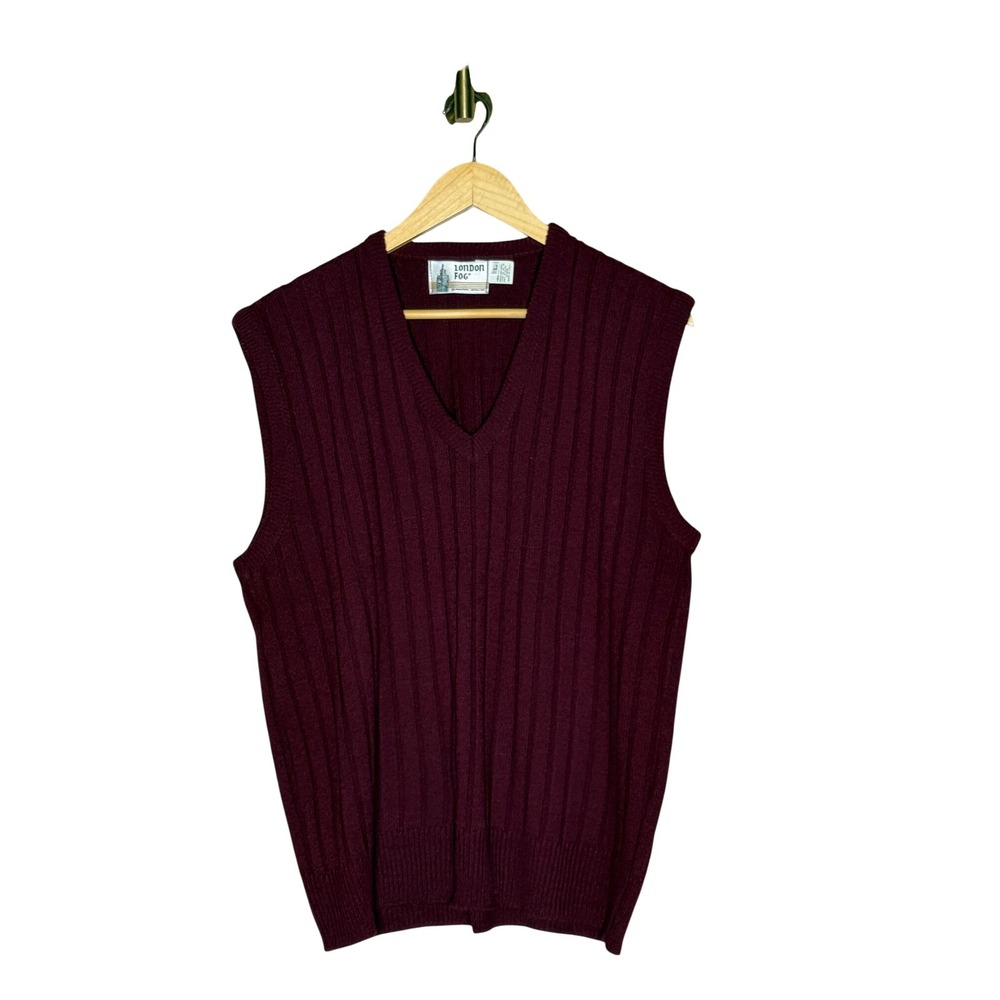 Vintage London Fog Burgundy Ribbed Sweater Vest V-Neck Made USA Large